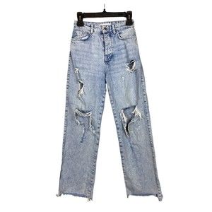 ZARA Jeans Womens Sz 2 High Rise Denim Distressed Button Fly Straight Leg